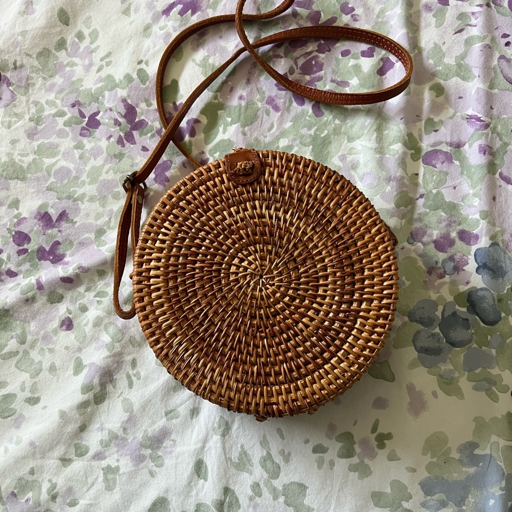 Round Woven Tan Crossbody Bag
